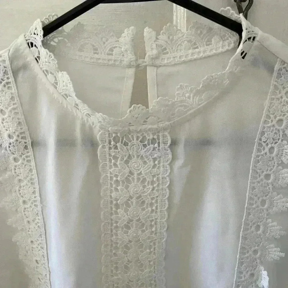 mid-century modern white long sleeve blouse with ruffles - Picture 4 of 7